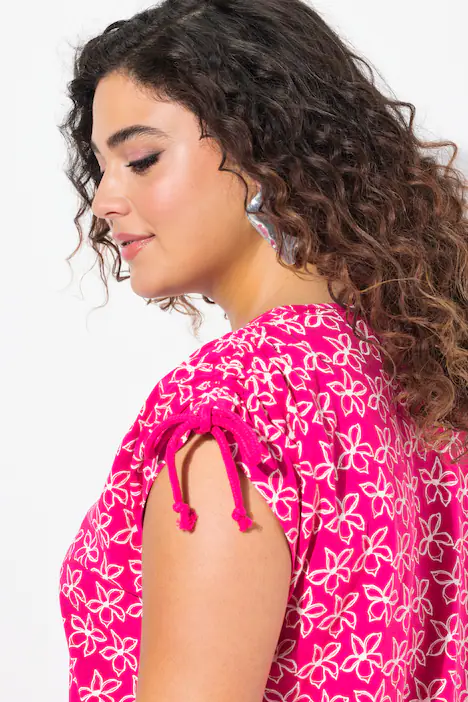 Midikleid, Blüten, A-Linie, V-Ausschnitt, ärmellos, magentapink