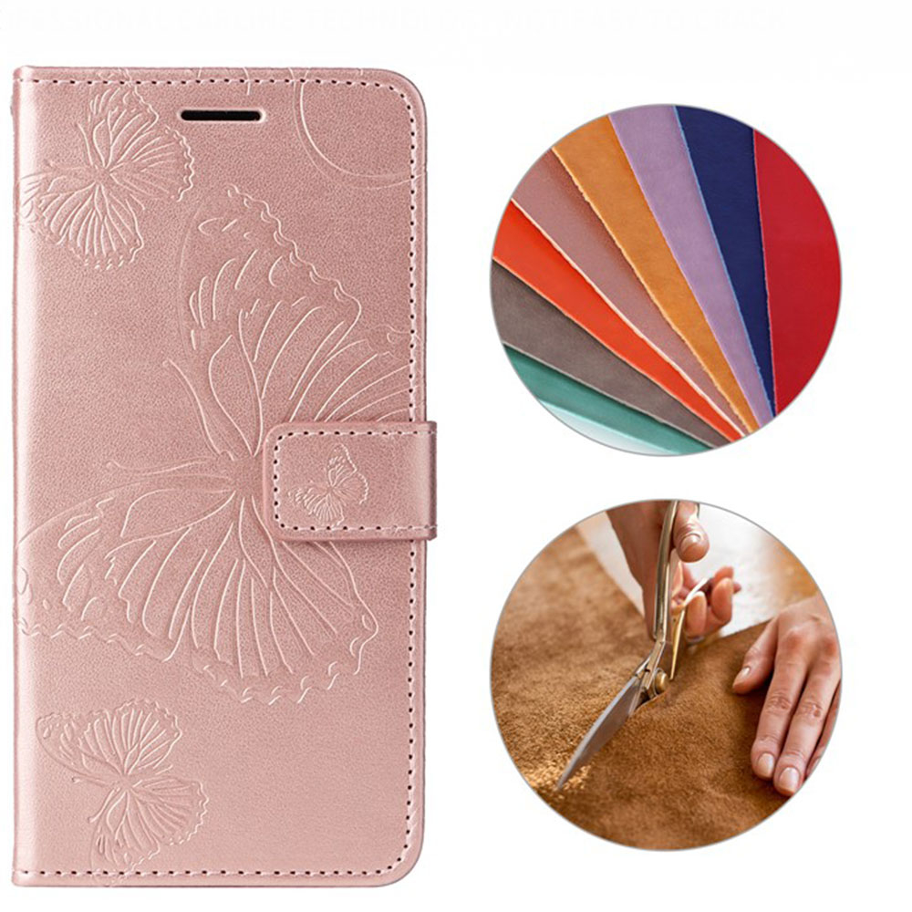 Samsung Galaxy S25 Edge Leder Tasche mit Kartenfach   Handschlaufe Schmetterling - Roségold