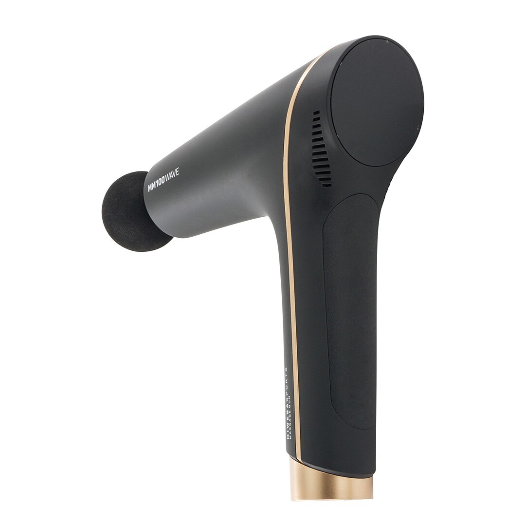 Miweba Sports Massagepistole MM100, Massage-Gun 2500 mAh für Faszien-Muskelmassage mit 6 Aufsätzen (Schwarz/Gold)