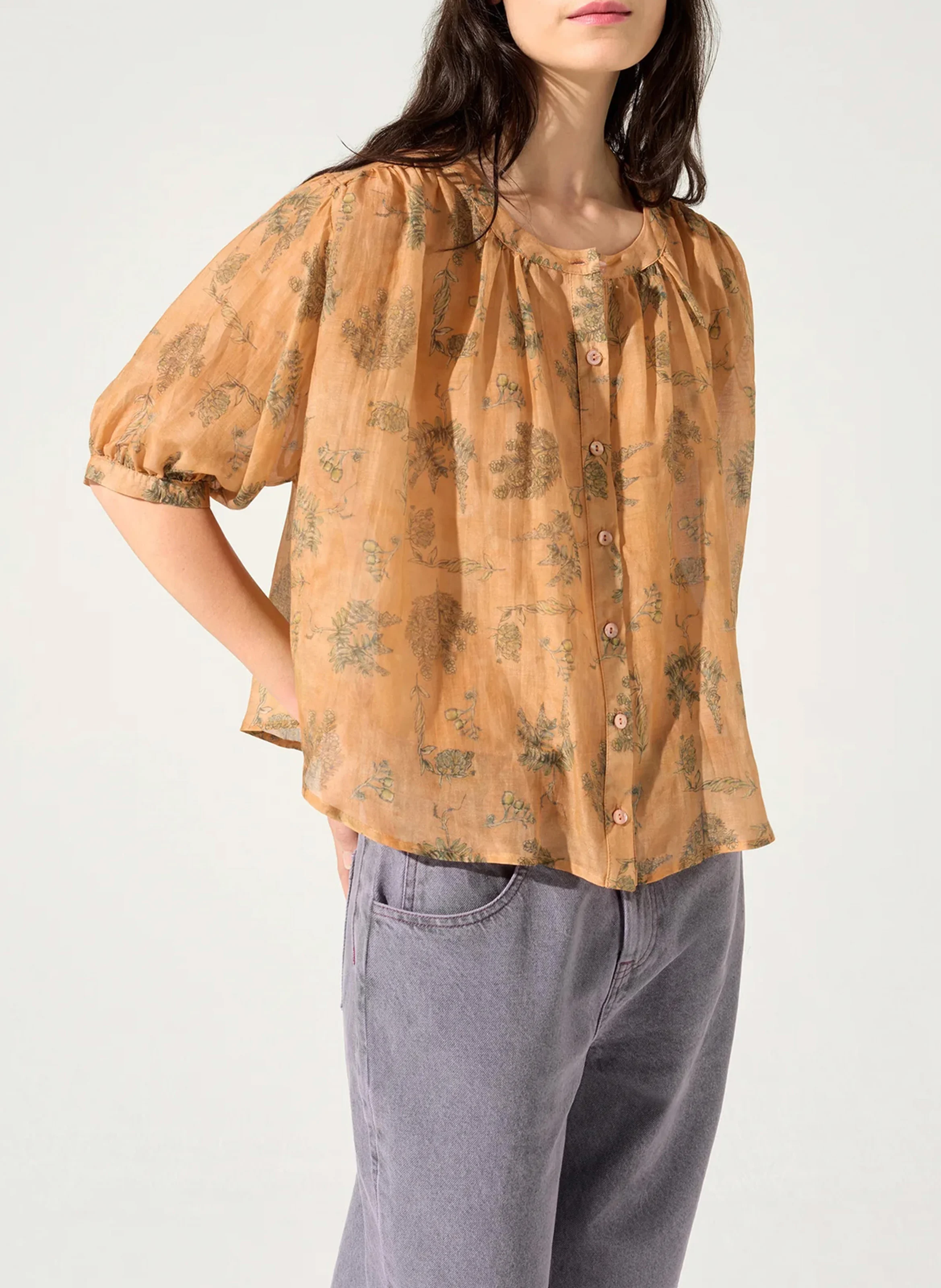 Blouse col rond en coton et soie | Orange