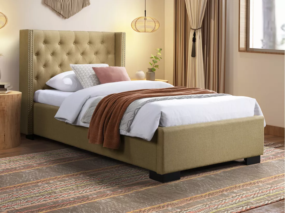 Lit 90 x 200 cm avec tête de lit capitonnée - Tissu - Beige + Matelas - MASSIMO II