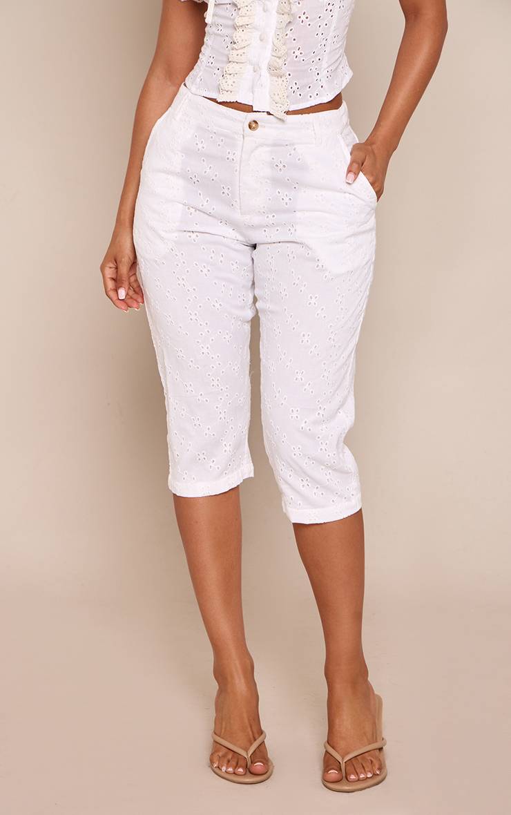 Blanc Pantalon Capri Taille Élastiquée En Broderie Anglaise Petite
