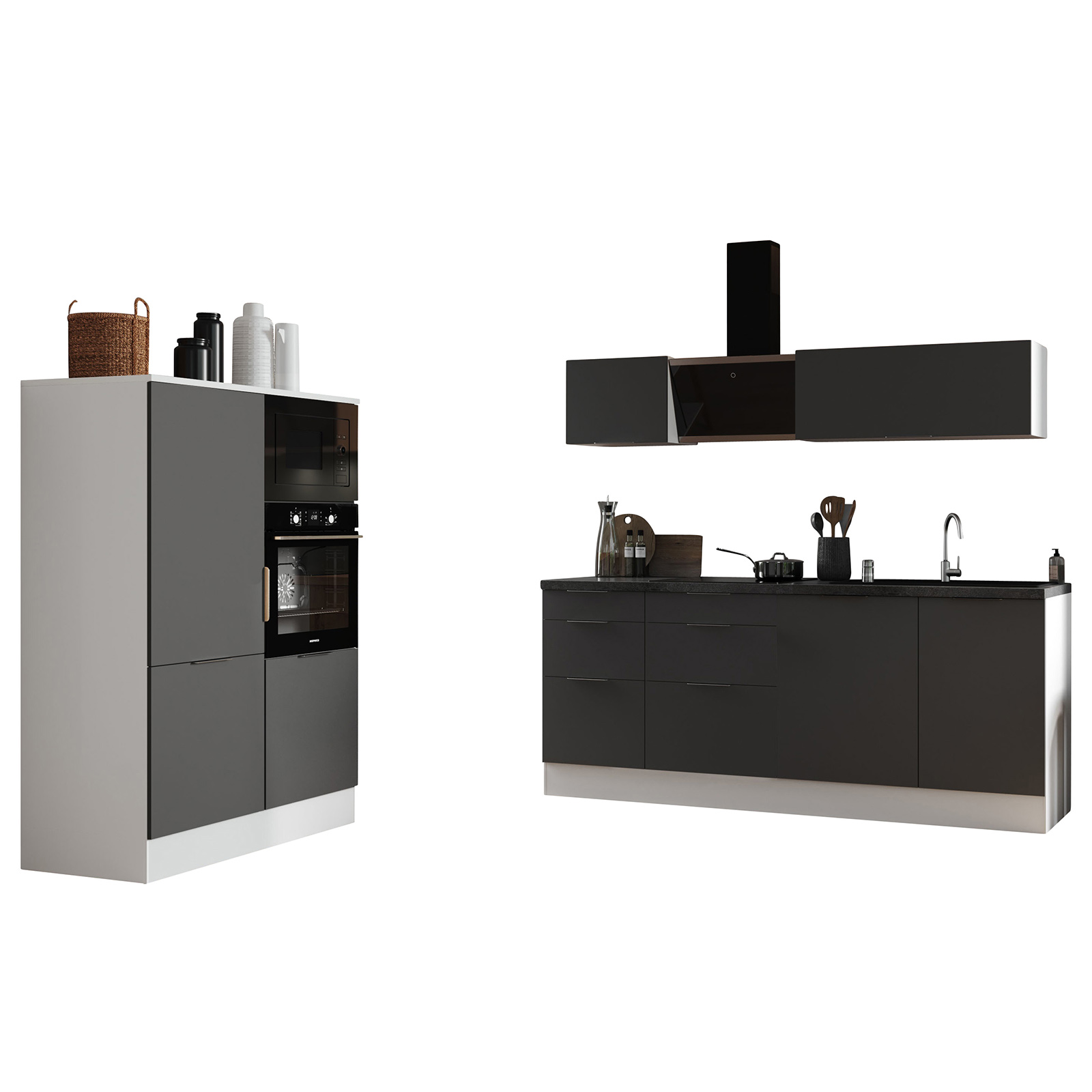 RESPEKTA Küchenblock - grau matt - weiß matt - mit E-Geräten - 340 cm