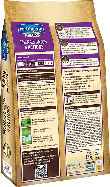 Engrais gazon 4 actions 224m² 5,6kg Fertiligène