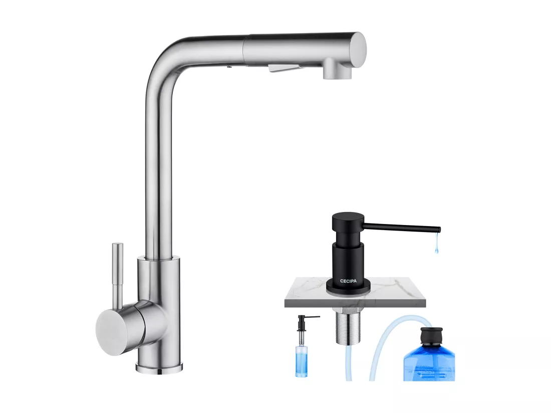 Cecipa max Mitigeur Cuisine avec Douchette Extractible Robinet Cuisine 360 Rotatif + Distributeur de Savon de Cuisine Noir