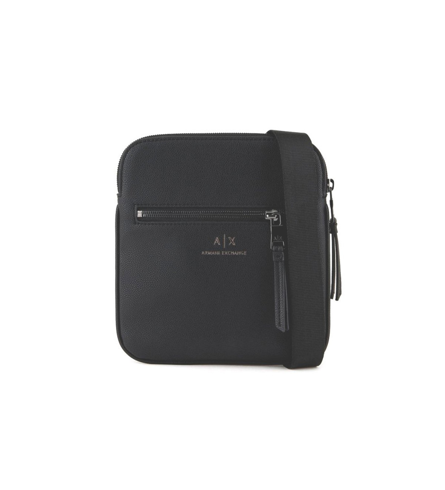 Bolsa de ombro plana semirrígida Armani Exchange com bolso externo, preta.
