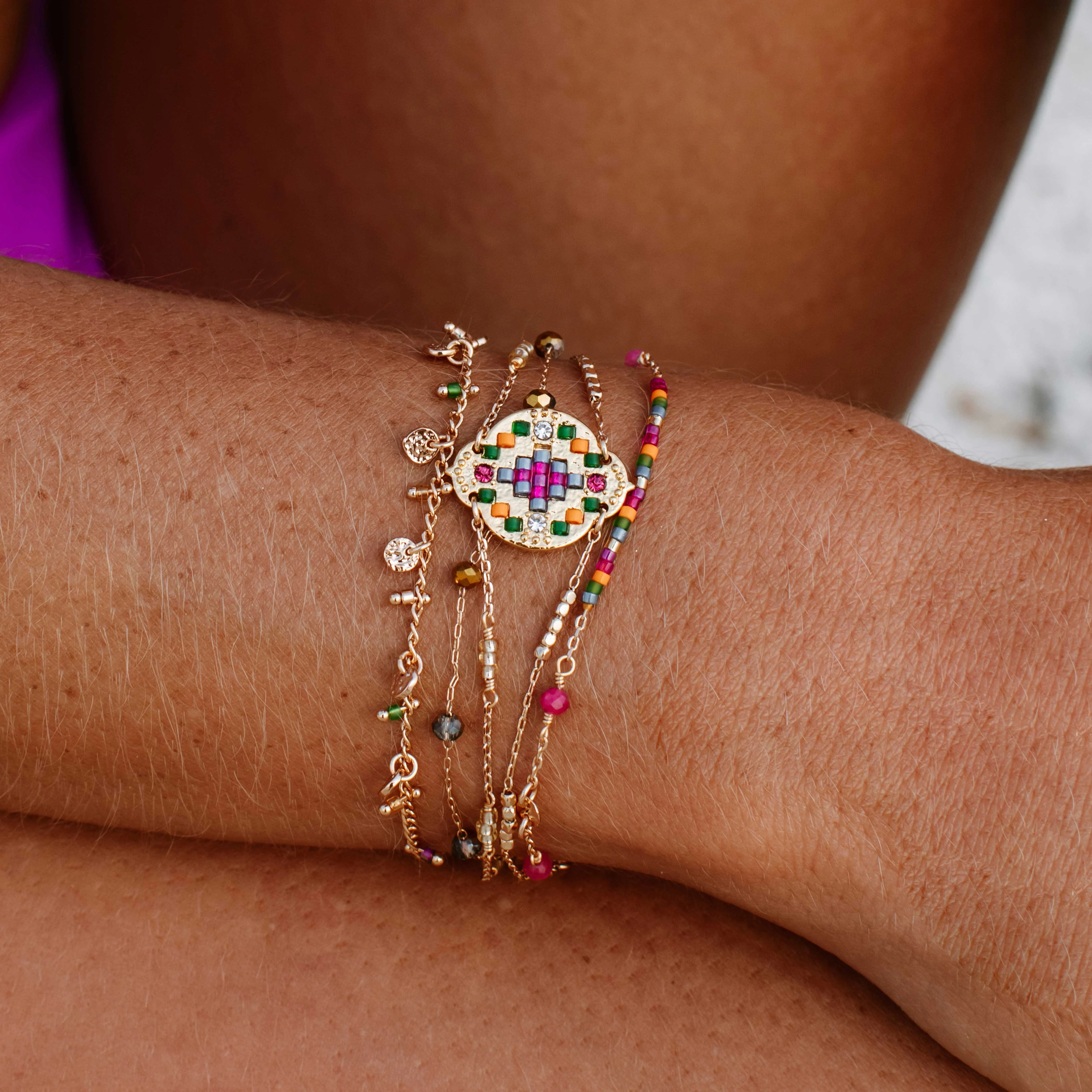 GOLDVILLE - Bracelet multiliens avec fermoir aimanté en perles | Doré