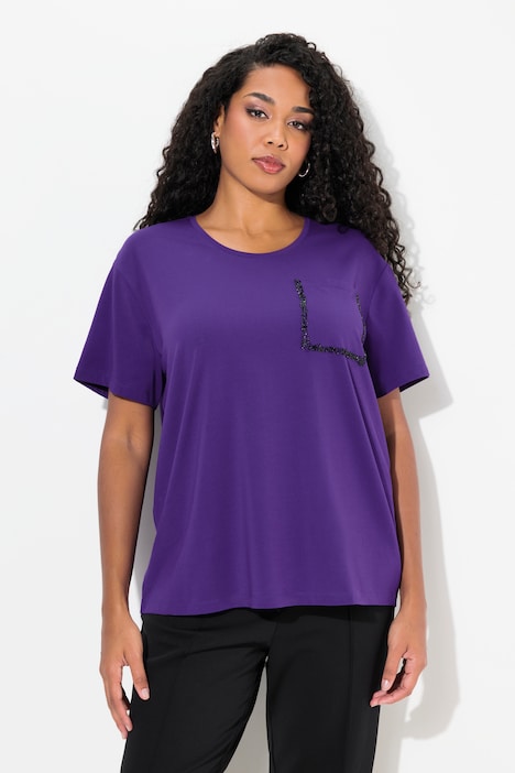 T-Shirt, Brusttasche, Perlen, Oversized, Rundhals, Halbarm