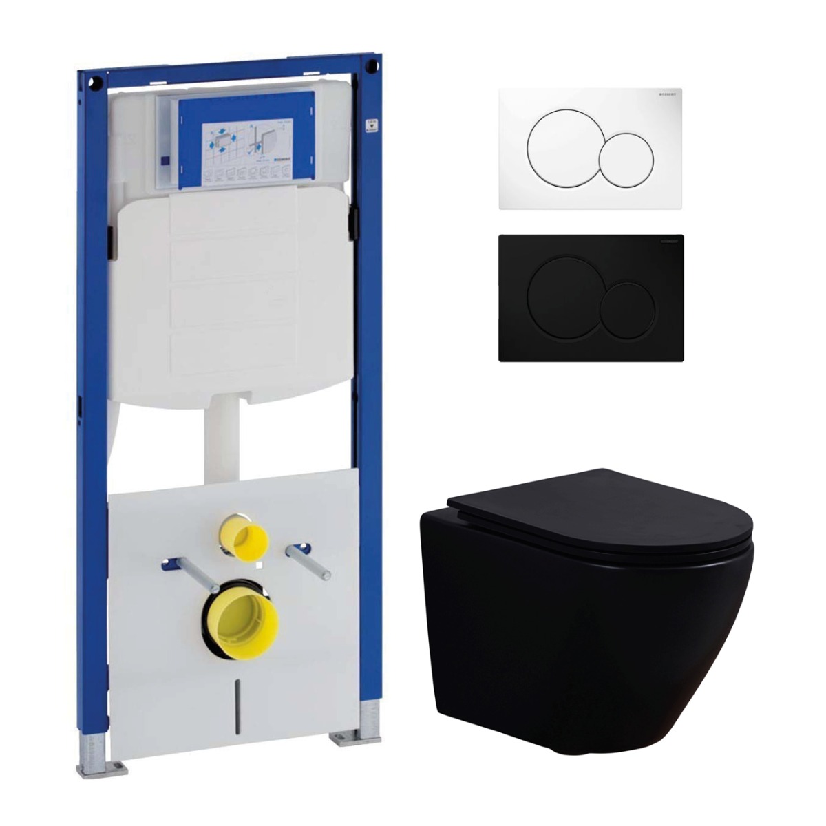 Geberit UP320 toiletset met Saniclear Itsie mat zwarte toiletpot randloos met softclose zitting