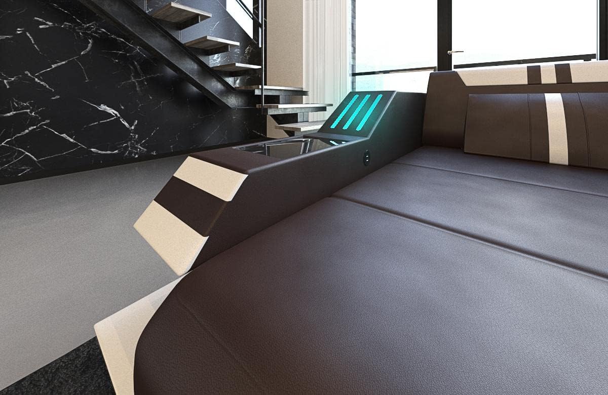 Wohnlandschaft Ravenna Sofa U Form Ledersofa - mit LED Beleuchtung, verstellbare Kopfstützen, Recamiere/Lederfarben wählbar/Ausrichtung wählbar (Ottomane Links, Braun-Weiß)