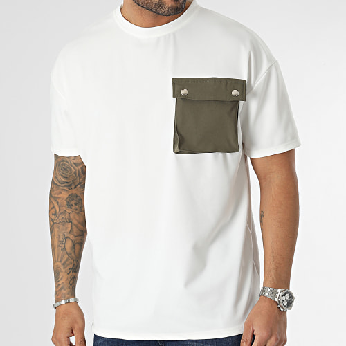 Tee Shirt A Poche Poitrine Beige Clair Vert Kaki
