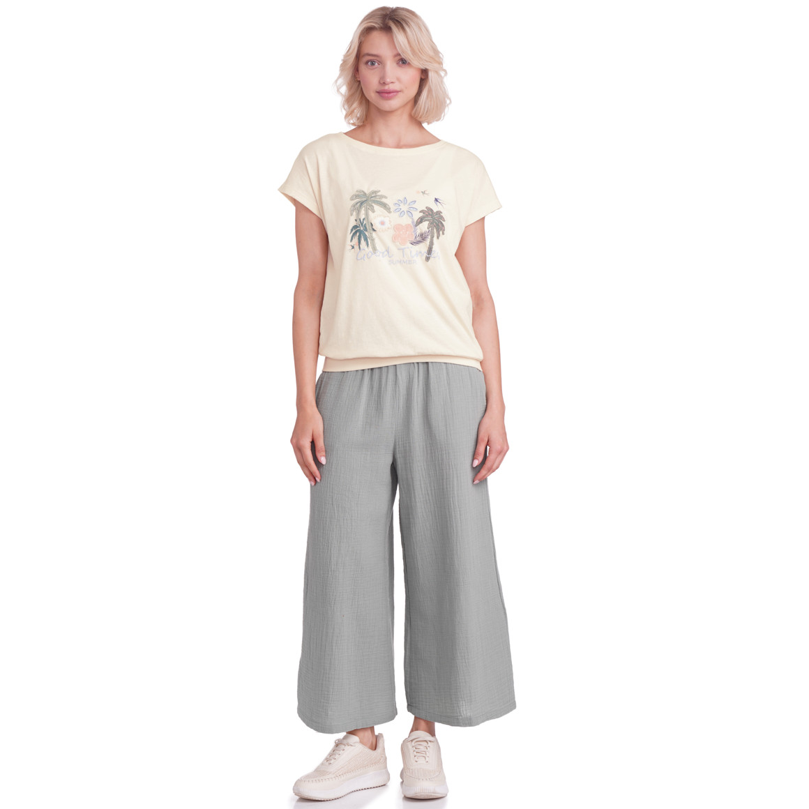 Gina Damen T-Shirt mit Aufnäher beige