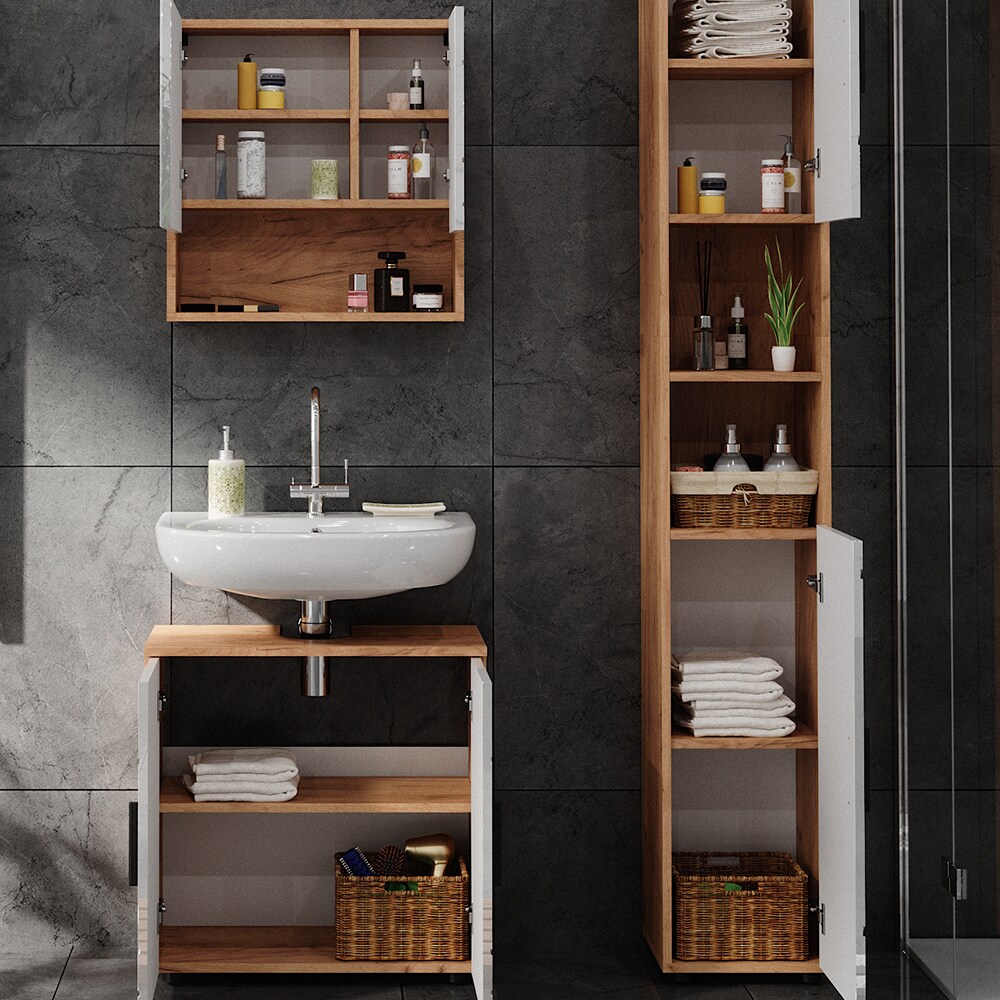 Vicco Badmöbelset Irma Eiche Weiß Hochglanz modern Badezimmerschrank Badschrank Badezimmermöbel Waschtischunterschrank Spiegelschrank Hochschrank Schranktür Schrankfach