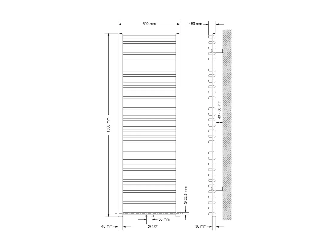 Radiateur sèche-serviette salle de bain acier blanc connexion central 60x180 cm