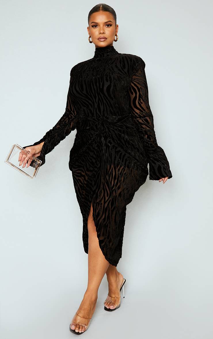 Noir Robe Midi Drapée À Col Montant En Dévoré Zébré Grande Taille