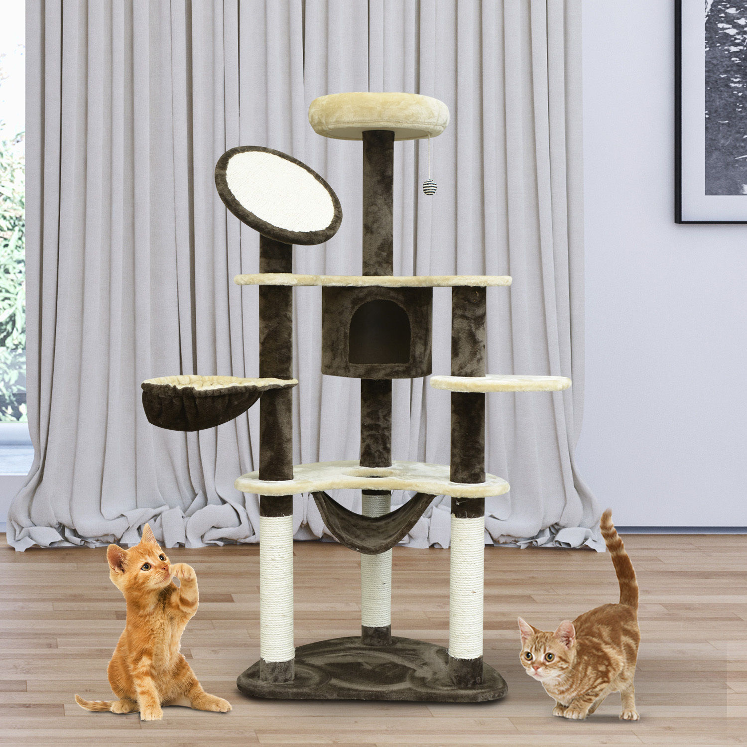 PawHut Katzenbaum mit Sisalsäulen cremeweiß, kaffeebraun 65 x 50 x 153 cm (LxBxH)
