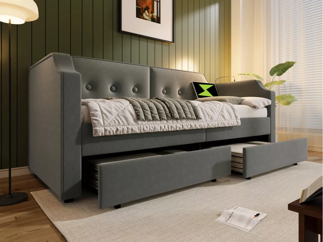 Lit banquette 90x200cm en velours - avec fonction recharge et LED - avec sommier à lattes - Gris