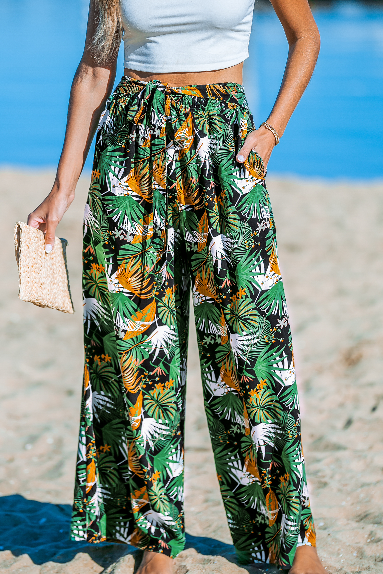 Pantalon à jambes larges avec palmiers tropical