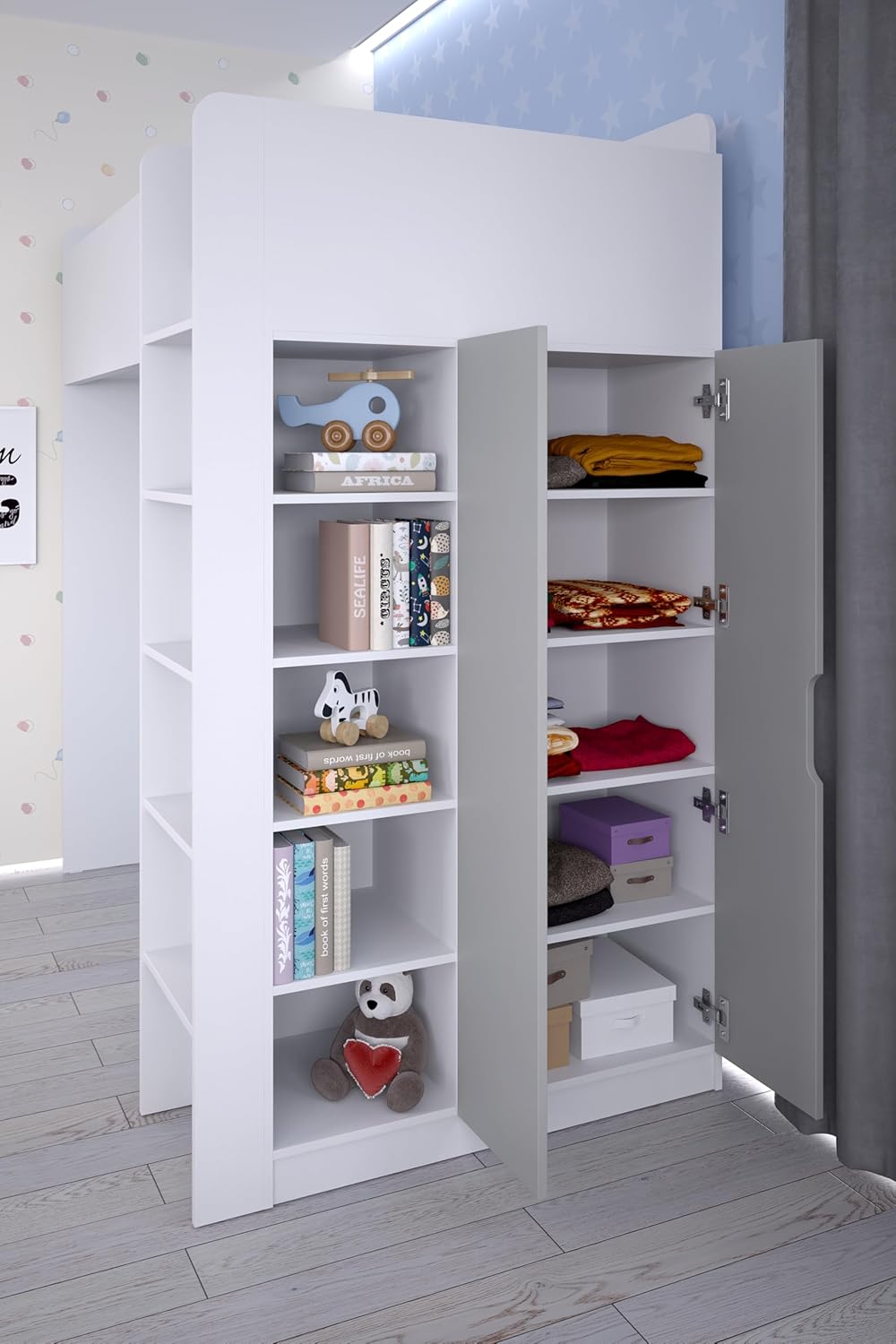 Shefa Kids Hochbett Mit Schreibtisch - Platzsparendes 5-in-1 Hochbett Kinder Mit Treppe, Kleiderschrank, Regal & Arbeitsbereich - Grau, Belastbar Bis 90 Kg, Maße: 206 x 107 cm