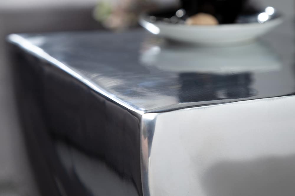 Skulp­tu­raler Beistelltisch TWIST 45cm silber Aluminium poliert Sitzhocker Modern Design