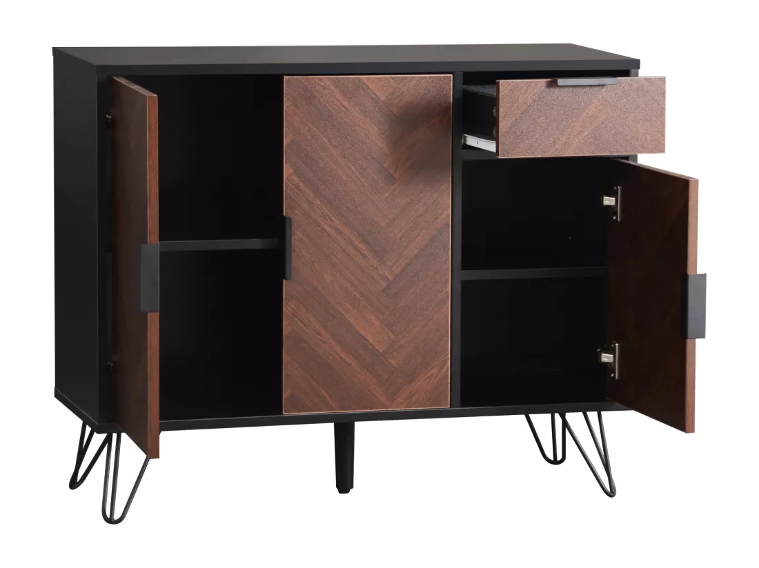 Buffet avec 3 portes et 1 tiroir - 90 x 30 x 71,5 cm - étagères réglables - MDF et panneau de particules - Noir et bois