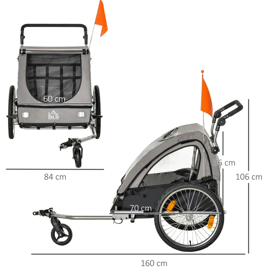 HOMCOM 2-in1 Fahrradanhänger mit Platz für 2 Kinder grauschwarz