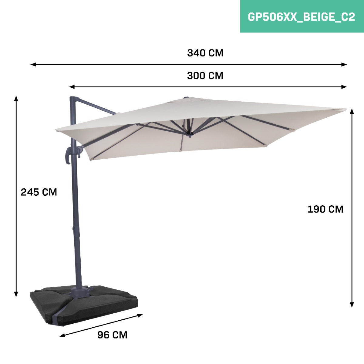 Vonroc Premium Pisogne 300 zweefparasol met 4 tegels - Beige