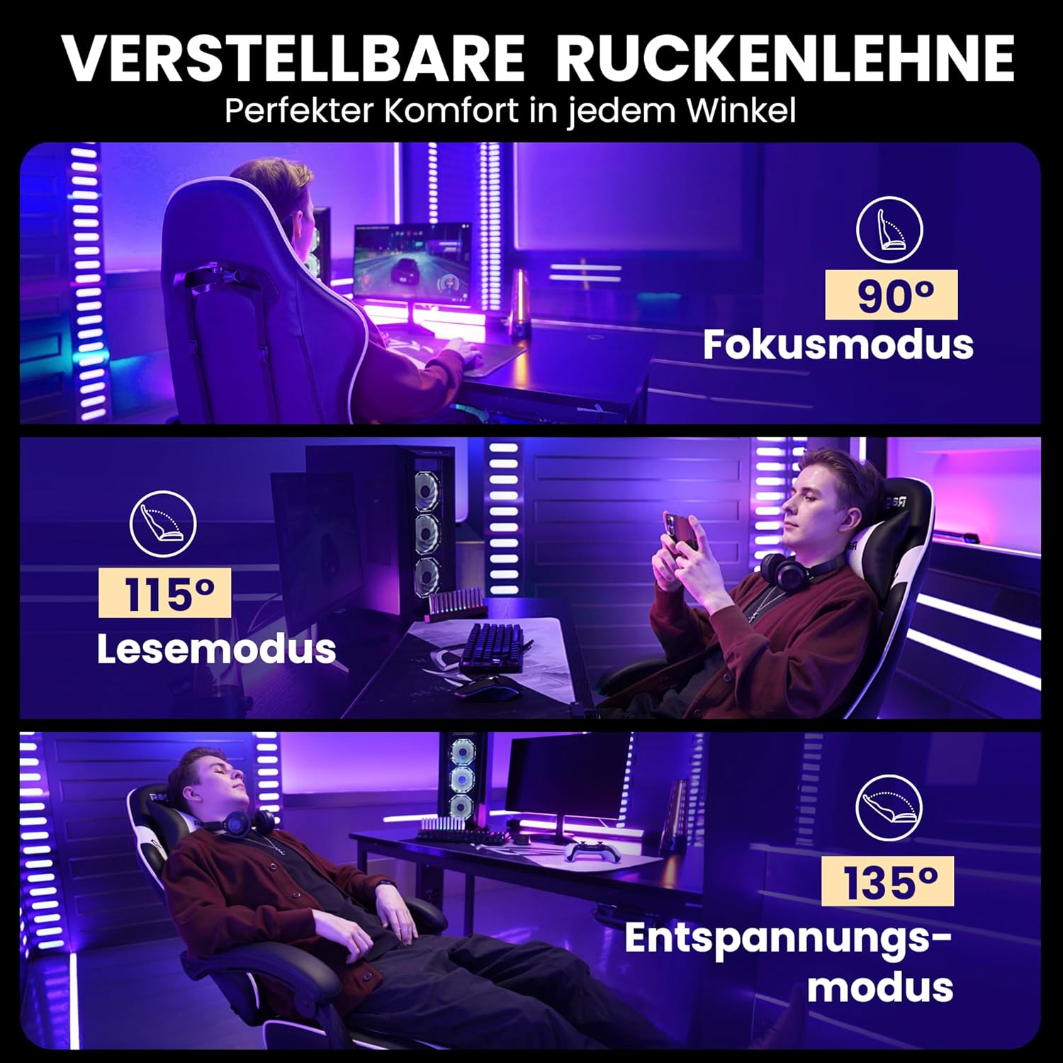 Gaming Stuhl Chair Gamer Sessel - Ergonomischer Gamer Stuhl Höhenverstellbar Gepolstert Gamingstuhl mit Fußstütze Kopfstütze und Lordosenstütz PC Sessel Drehsessel Tragkraft 150 Kg Schwarz