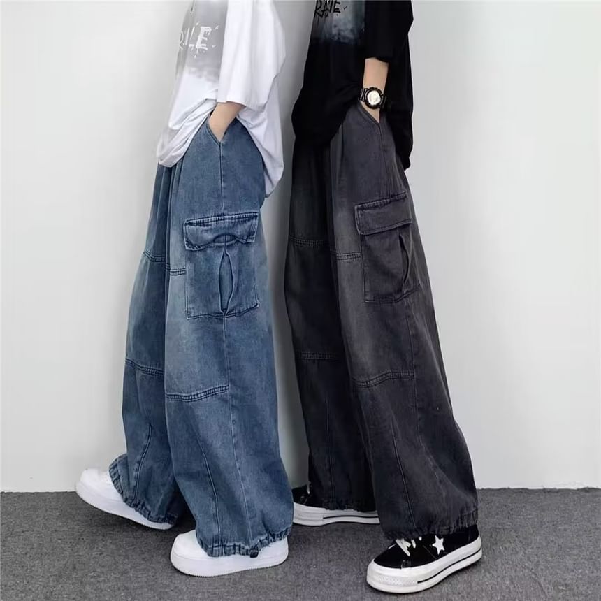Lingaris - Mid Rise Washed Wide Leg Cargo Jeans