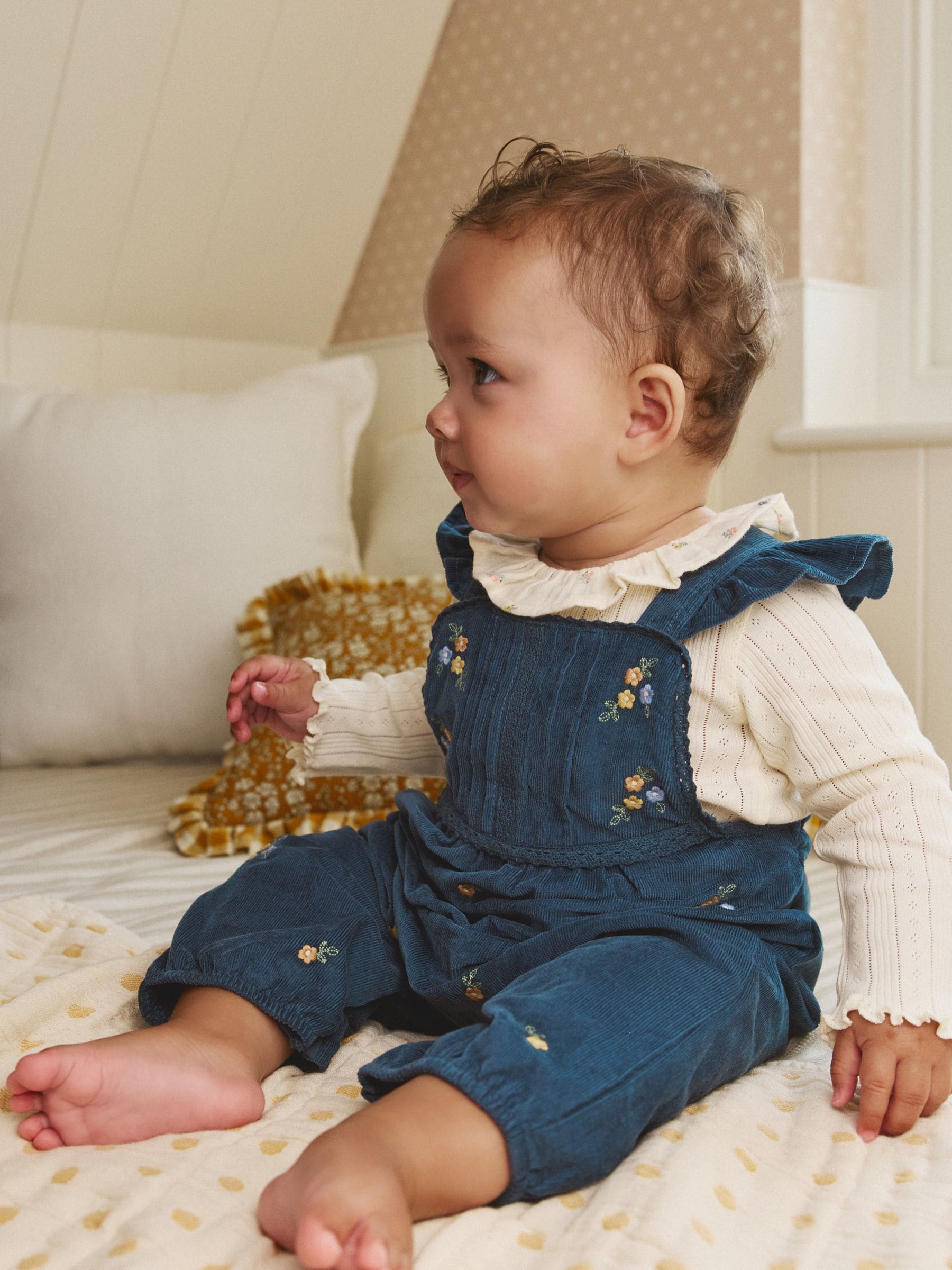 Marineblauw geborduurd - Baby Print Bodysuit met Lange mouwen en Corduroy bretelbroeken Set 2 Pieces (0mnd -2jr)