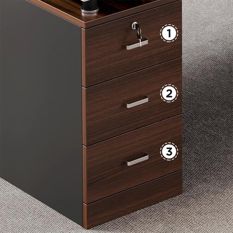 Büroschreibtisch, modern, Computertisch, braunes Holz, mit schwarzem Schlittenfuß, abschließbarer Schublade und Schrank, Wohnmöbel – ohne Stühle, 160 cm L x 69,9 cm B x 77,2 cm H