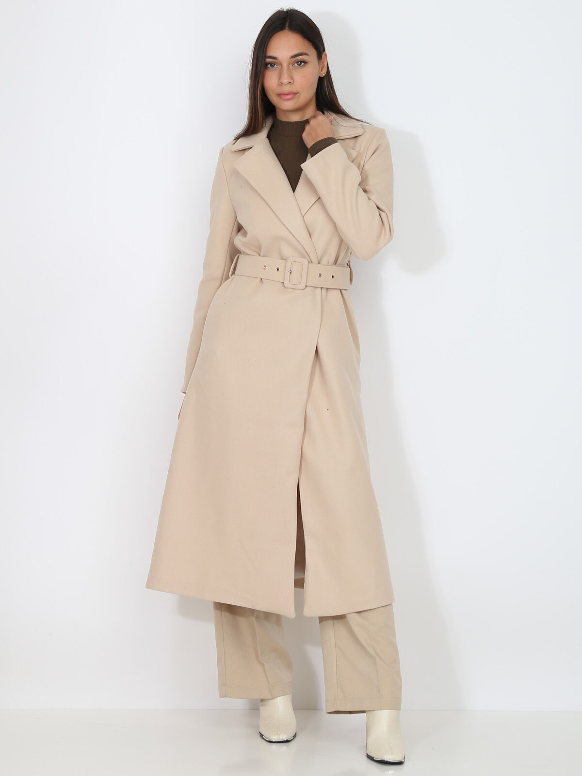Manteau mi-long croisé et ceinturé- Beige