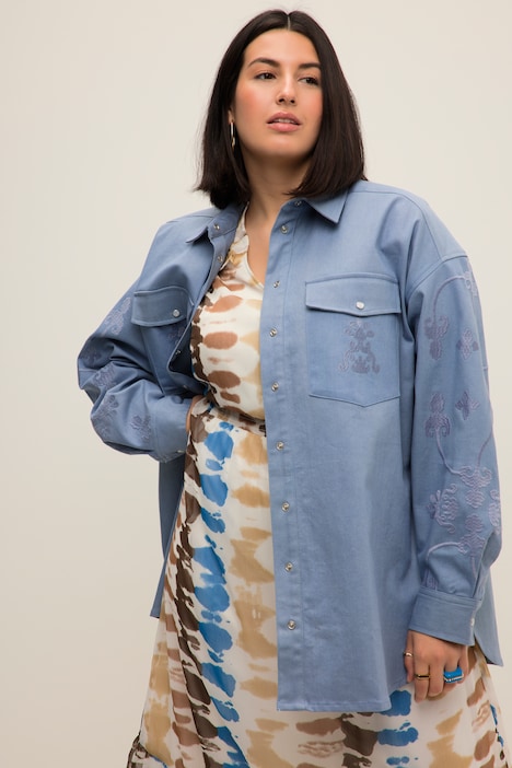 Jeanshemd, oversized, Stickereien, Hemdkragen, Langarm