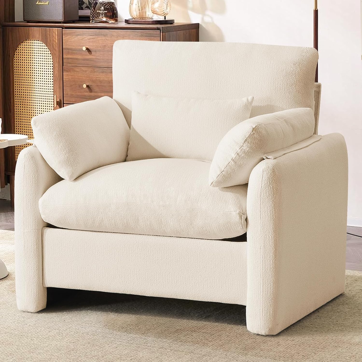 Extragroß Ohrensessel Sessel Wohnzimmer, 93.5cm Polstersessel Fernsehsessel Einzelsofa mit Abnehmbares Armlehne & Wurfkissen, Einzelsofa Lesesessel für Wohnzimmer Schlafzimmer, Beige