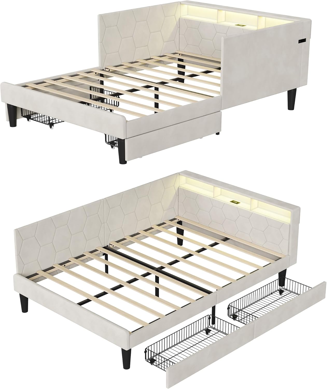 Polsterbett 140x200,doppelbett mit Lattenrost,Verformbares Funktionsbett mit Stauraum Kopfteil,Bettgestell 140x200,tagesbett mit 2 Schubladen,ohne Matratze (Beige, 140x200cm)