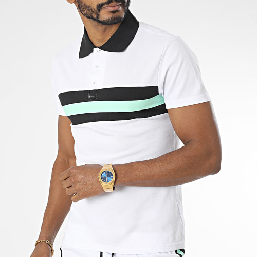 Ensemble Polo Manches Courtes Et Short Jogging A Bandes E401 Blanc Vert Clair Noir