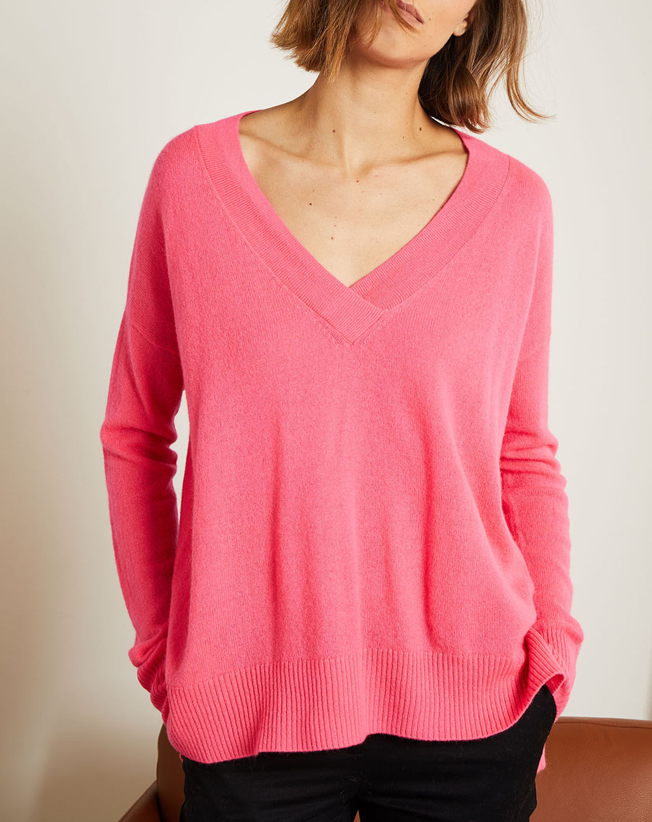 Miss Cashmere Pull ample 100% Cachemire Iris Col V rose fluo