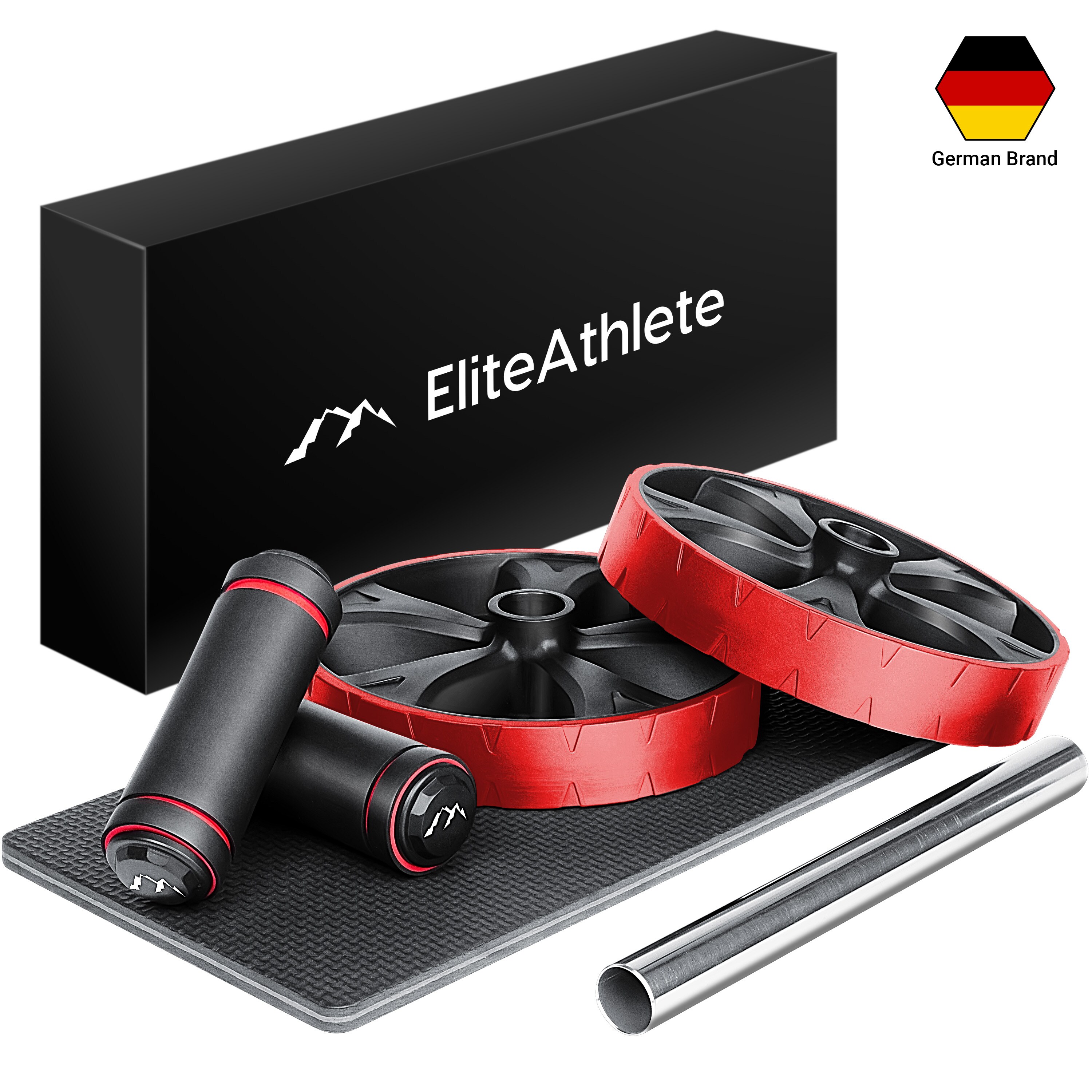 EliteAthlete® Bauchroller Bauchmuskeltrainer - Bauchtrainer für Zuhause - Bauch Weg Abdominal Trainer - AB Wheel Roller inkl. gepolsterter Kniematte - Rot