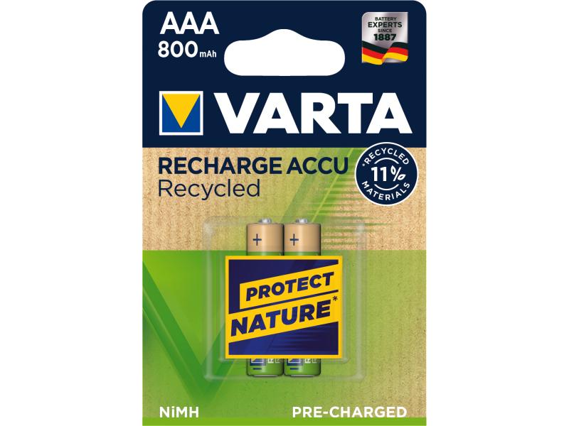Varta Akku Recycled NiMH Micro AAA 800 mAh, 2 Stück AAA-Akkus im 2er-Pack