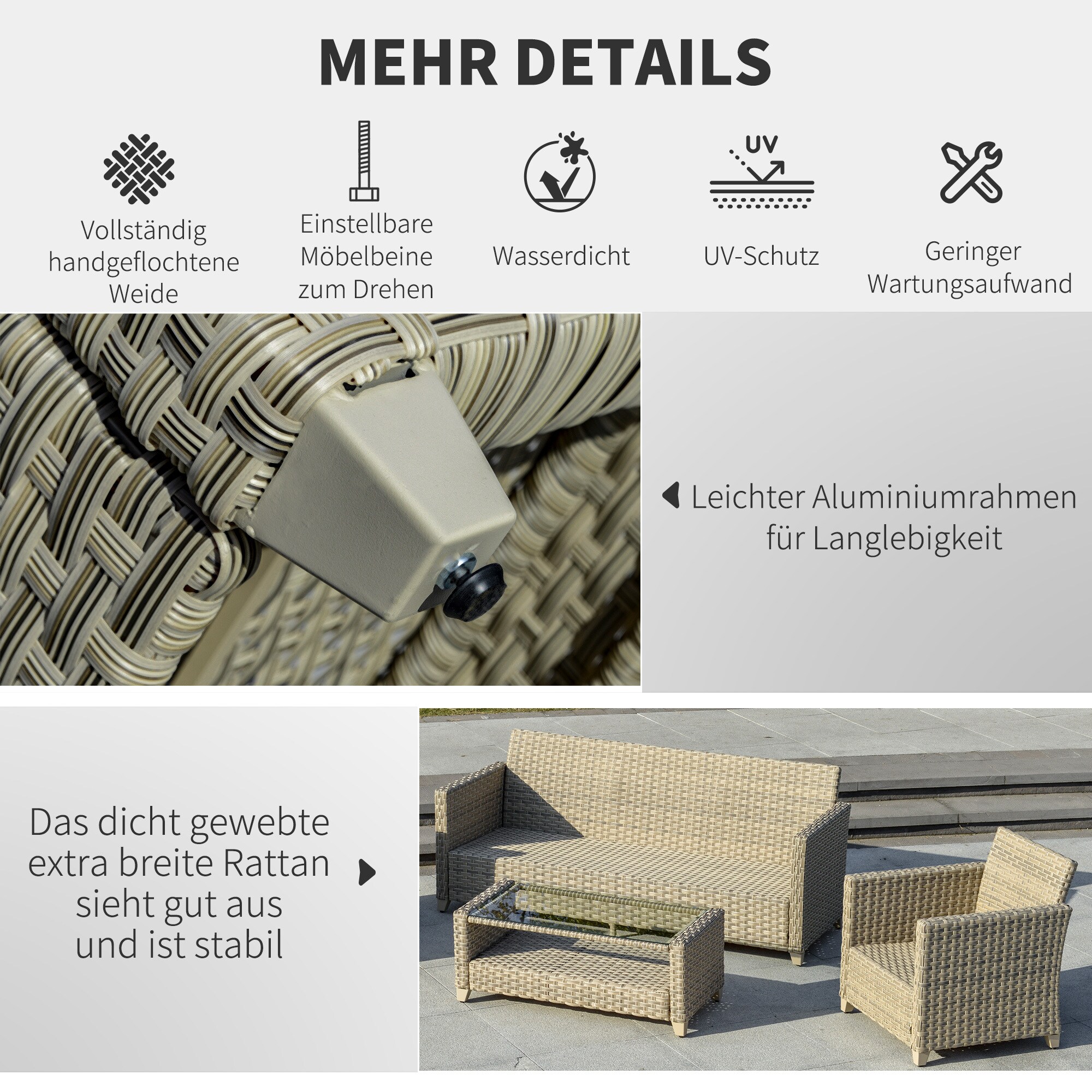 Outsunny Gartenmöbel Set mit Couchtisch bunt 193L x 77B x 80,5H cm