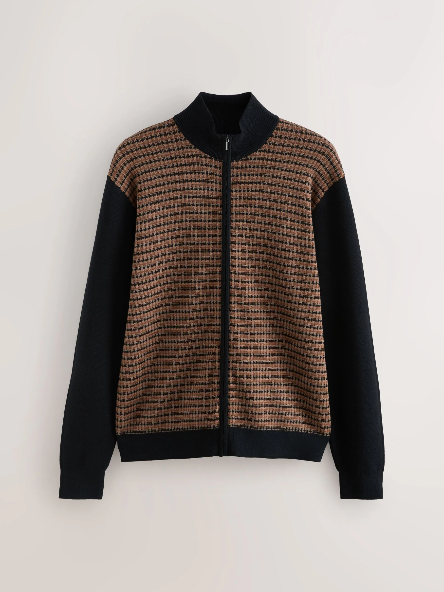 Zwart/bruin - Regular Fit Houndstooth Pattern Collared Zip-Through Cardigan