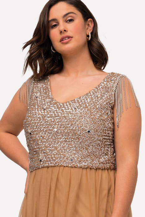 Maxikleid, Pailletten, V-Ausschnitt, ärmellos