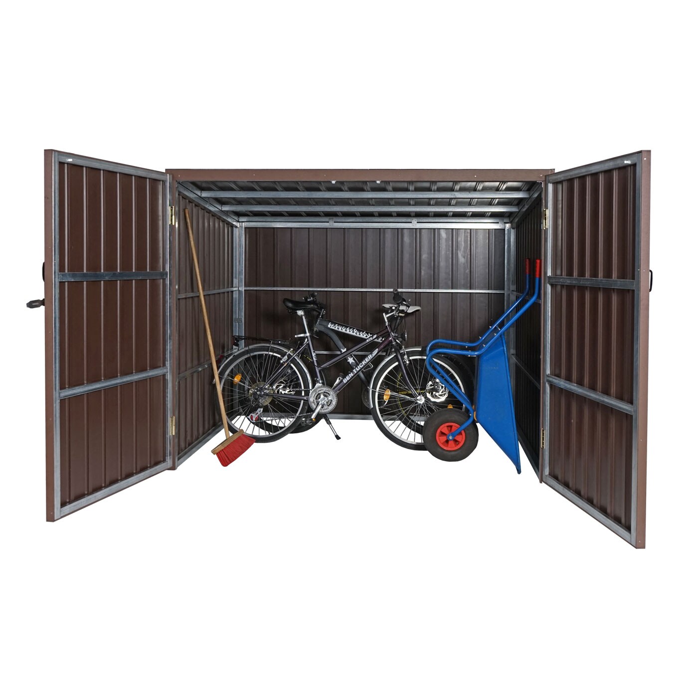 WPC-Fahrradgarage MCW-J29, Geräteschuppen Fahrradbox, Metall Holzoptik abschließbar ~ 2 Räder 172x213x112cm braun