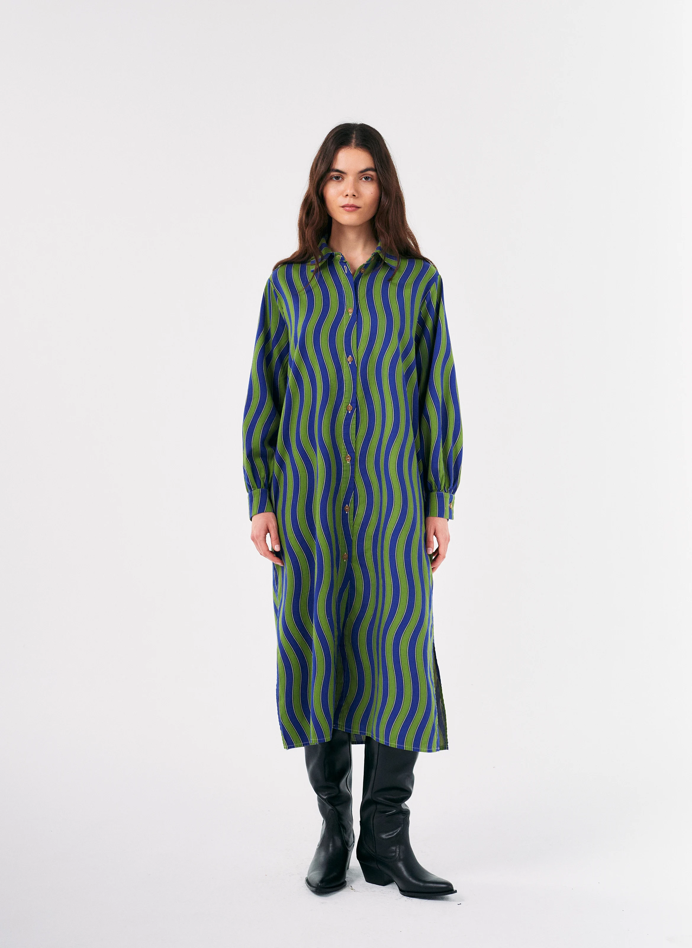 Robe col classique droite en coton imprimée | Multicolore