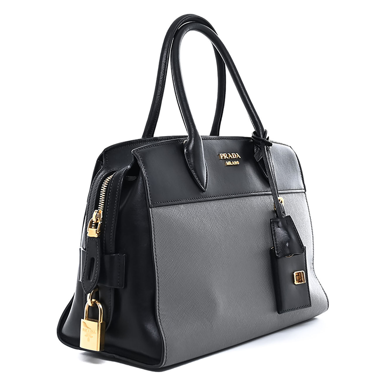 Prada Sac à main Esplanade en Cuir lisse & Cuir Saffiano noir - Très bon état - L.30 cm