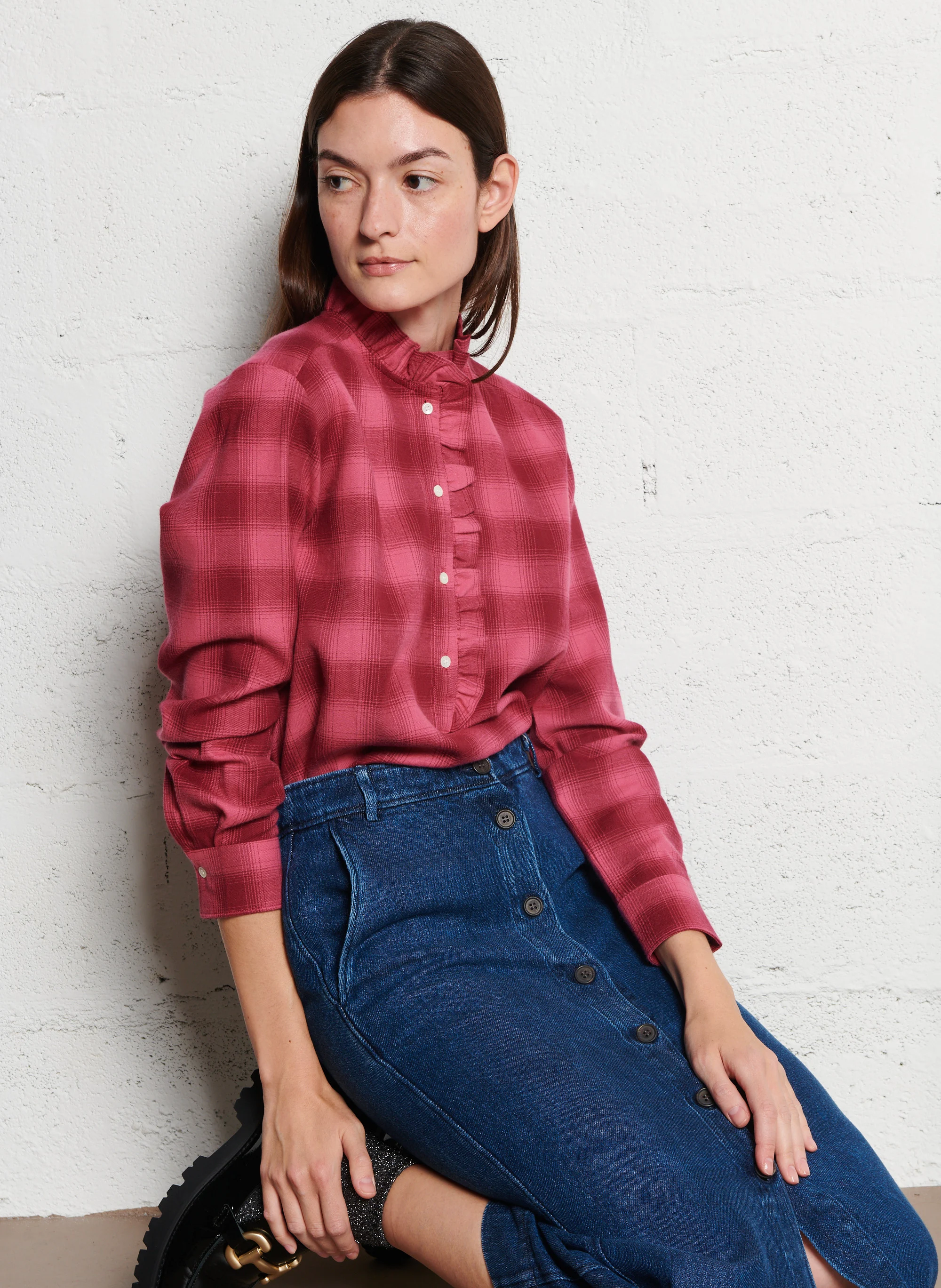 CARMEN - Blouse droite à carreaux en coton | Rose