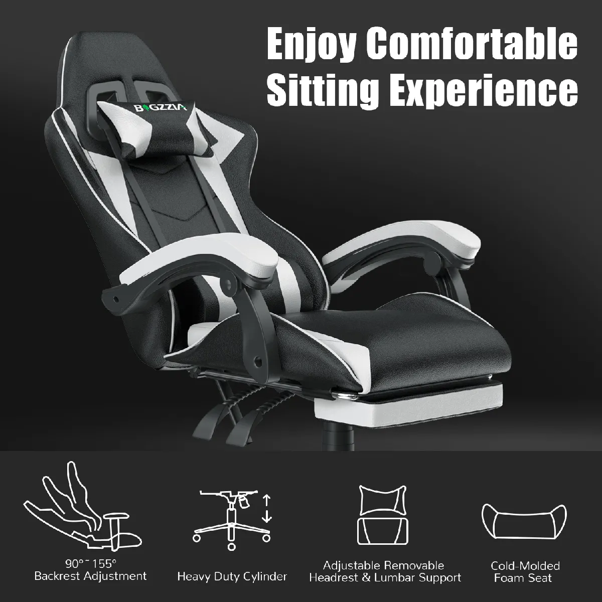 RATTANTREE Chaise de Gaming avec Repose-Pied - Noir Blanc