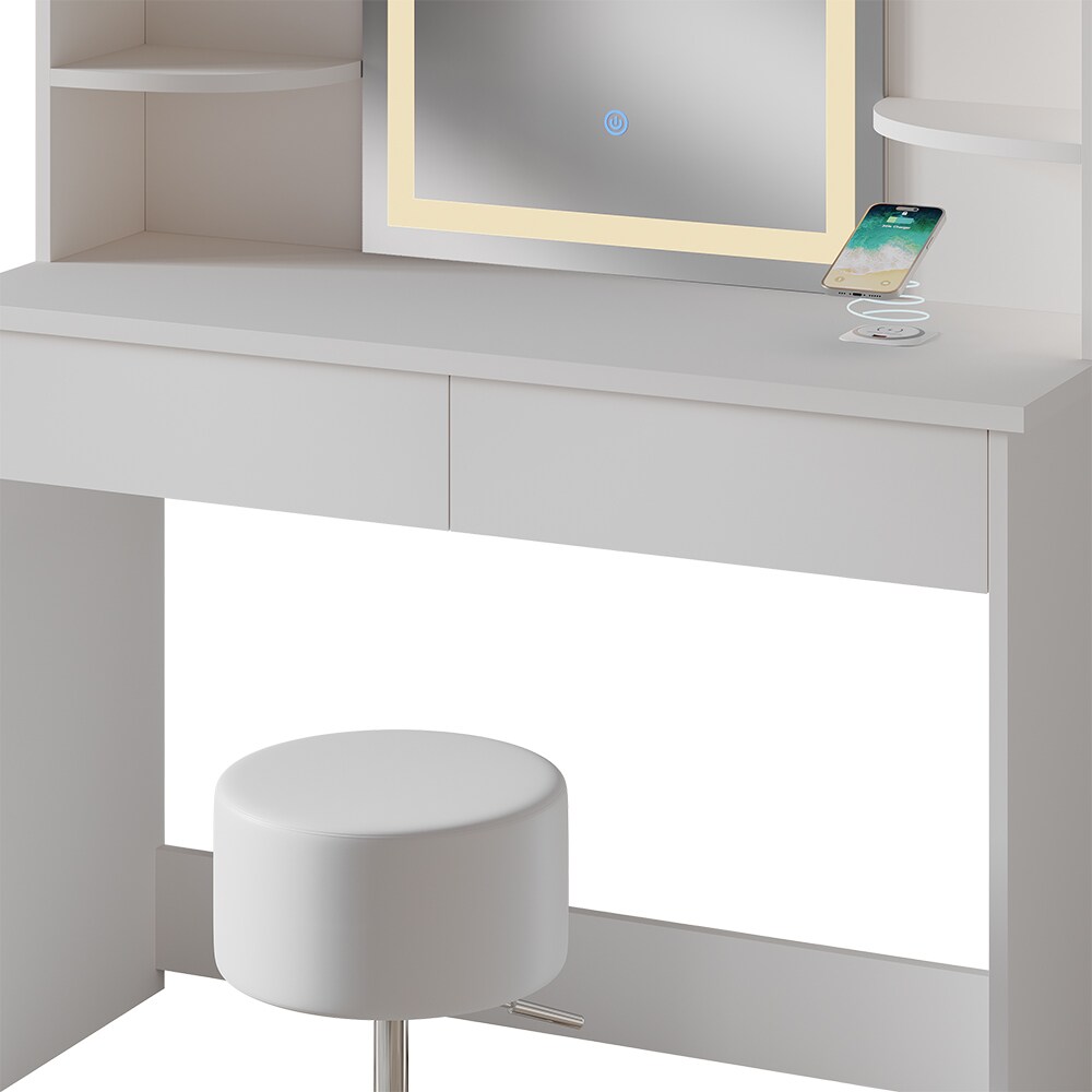 Vicco Schminktisch Charlotte Weiß 106 cm mit LED-Spiegel QI-Ladestation und Hocker