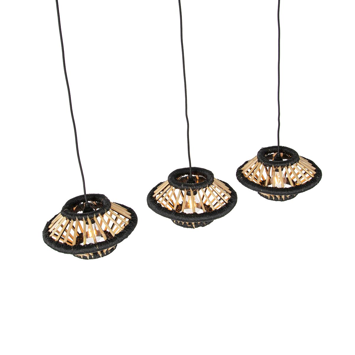 Oosterse hanglamp bamboe met zwart langwerpig 3-lichts - Evalin