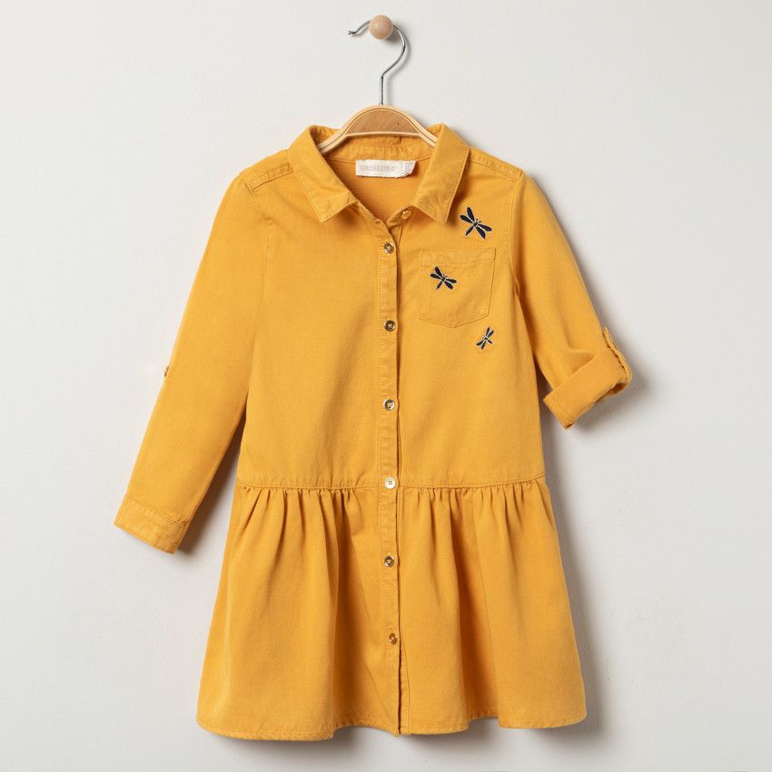 Robe manches longues en toile jaune à libellules brodées - Jaune
